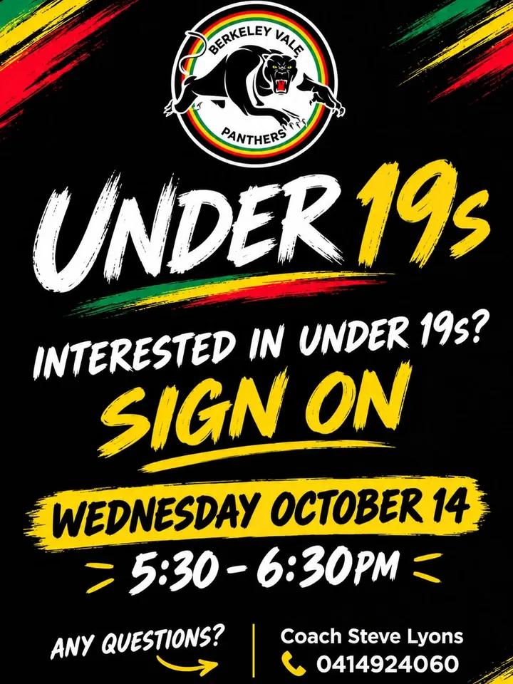 Poster: Under 19s, interested in Under 19s? Sign on Wednesday October 14, 5:30 to 6:30pm. Any questions, Coach Steve Lyons.